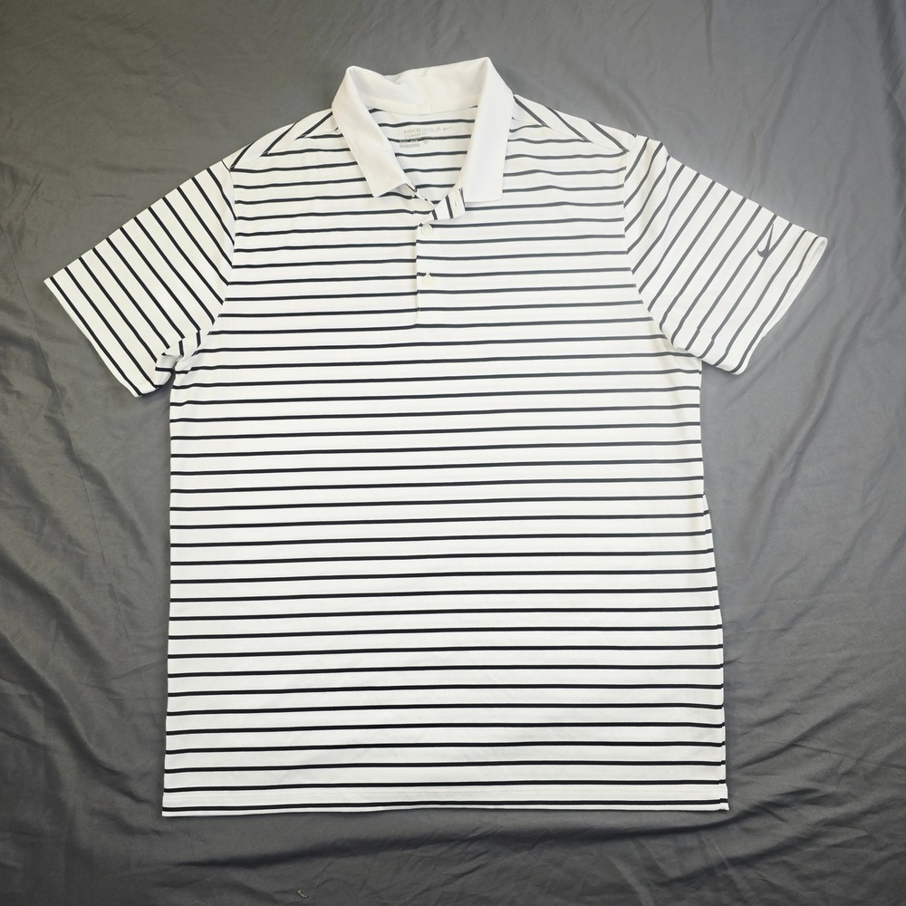 Nike Men's Dri-FIT Golf Polo Shirt Large White Black Striped Short Sleeve C19